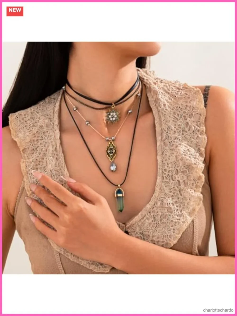Layered Choker Necklace Set Gothic Teardrop Pendant Brass Women Jewelry Gift
